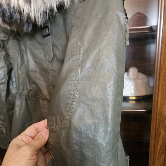 SAM. New York Women's Coat Size S PINK RACCOON FUR HOODIE Army Green Jacket - Picture 10 of 15
